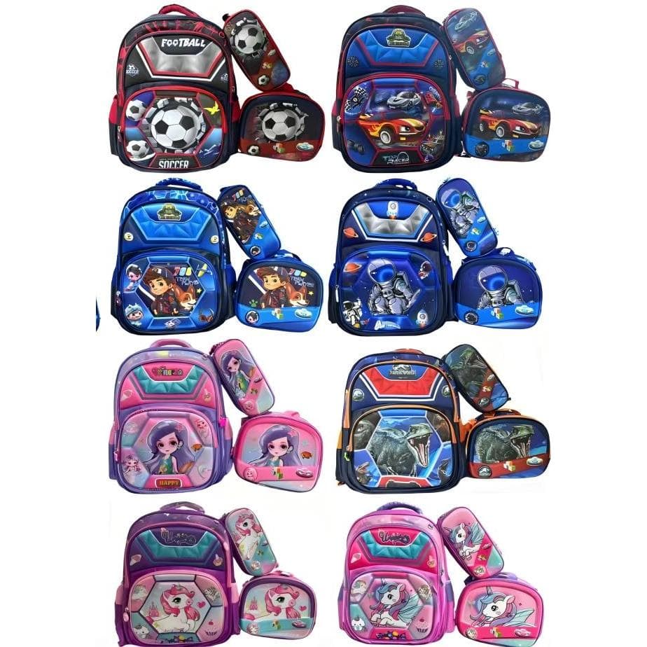 Mochila  Escolar  Kit  3 Peças Com Lancheira Estojo 2 Ziper Alto-relevo