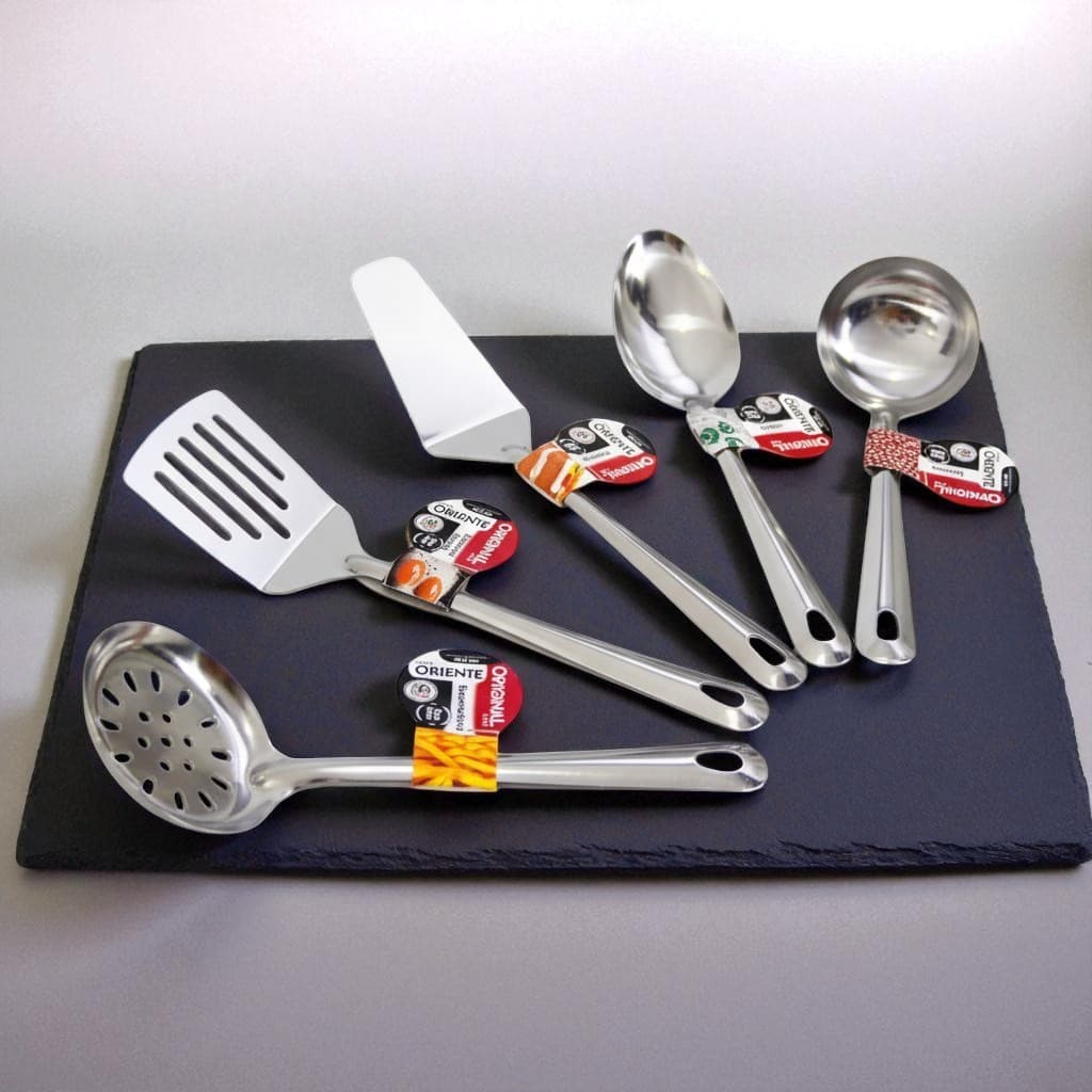 Jogo Kit Utensílios Inox 5 peças - Escumadeira - Concha - Colher - Espátula bolo - Espatula fritura