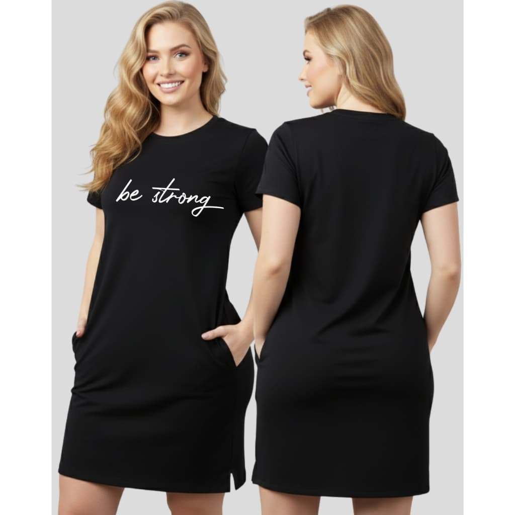 Vestido Feminino Camiseta Malha Premium Manga Curta Com Bolsos Estilo Urbano Estampa Be Strong Fashion