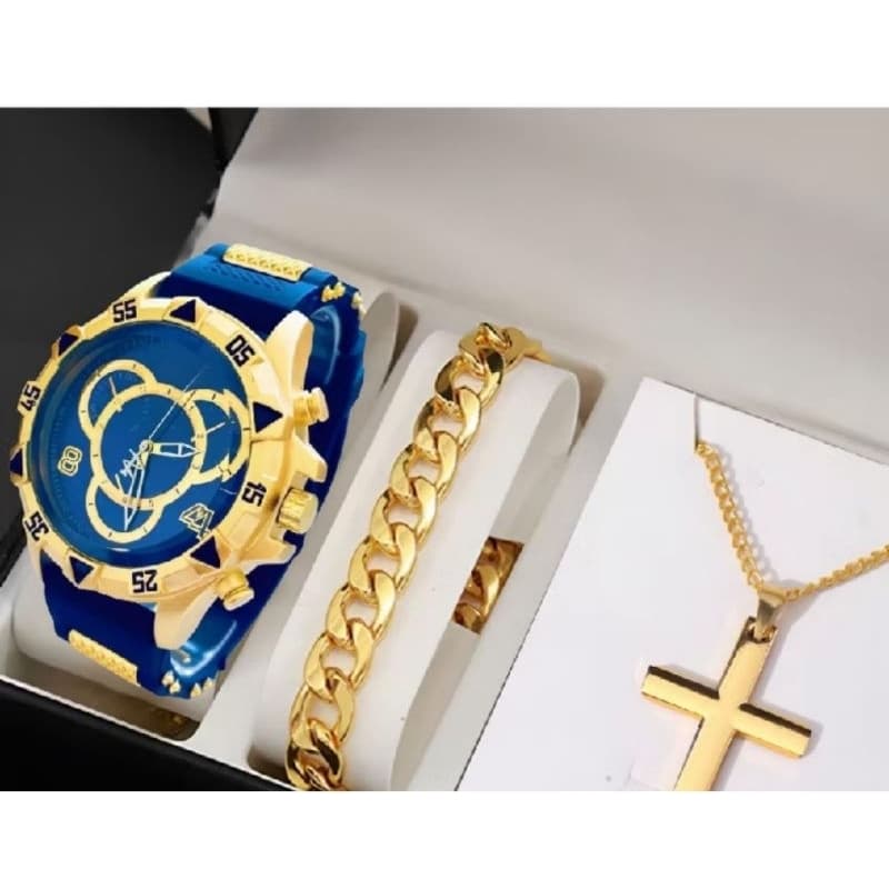 Kit Relógio Masculino + Corrente Cruz Banhado a Ouro + Pulseira Luxo