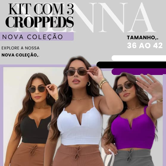Kit 3 Cropped Feminino Com Bojo Alcinha Decote V Alça Fina Elegante Regata Blusinha Costas Nua Sensual
