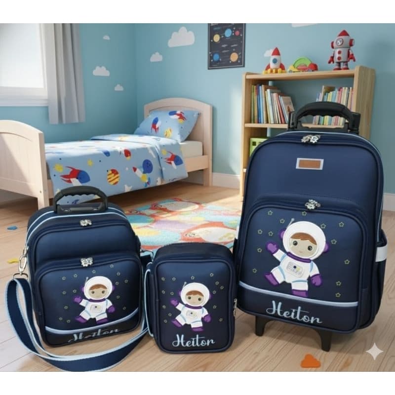kit Mochila Escolar Completo com Carrinho/Mochila escolar com Estojo e lancheira