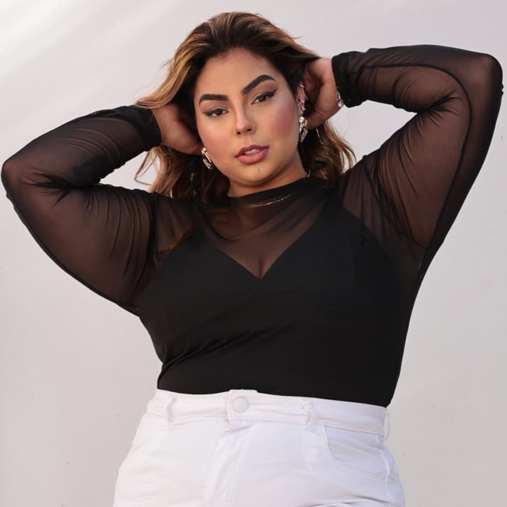 Body Tule Liso Gola Alta Manga Longa Plus Size Transparente