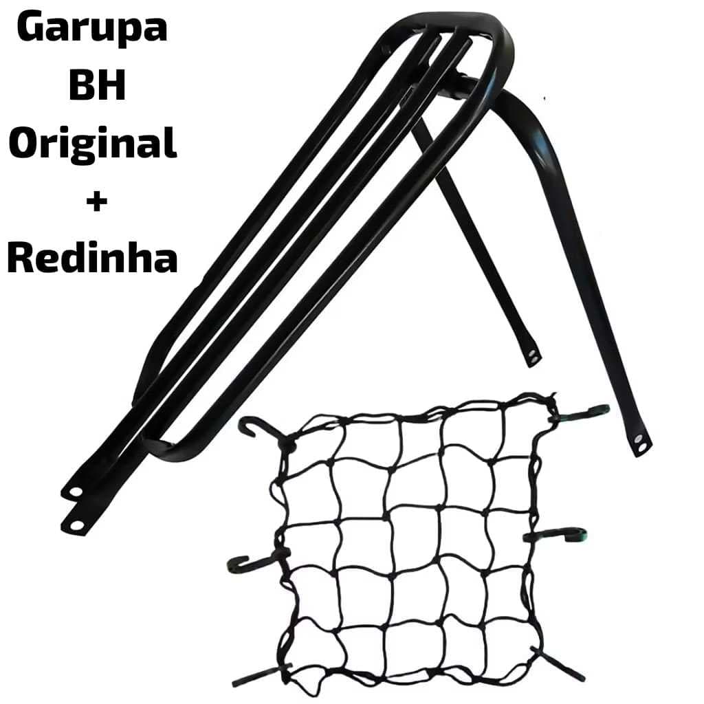 Garupa Reta BH original  Modelo Mais Resistente Bagageiro Garupeira Preta + Rede Redinha Preta 35x35cm Bicicleta Bike