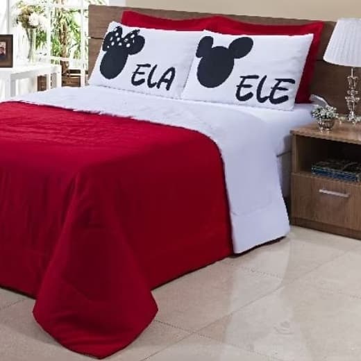 Kit Edredom Estampado Casal Queen Dupla Face Mickey e Minnie 5 Peças