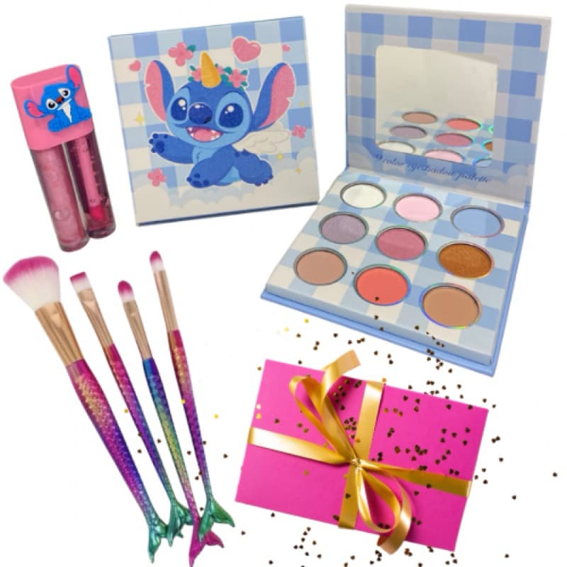 Kit de Maquiagem Stitch Unicórnio + Pincéis de Sereia | Paleta 9 Cores + Gloss + Brilho | Presente Fofo