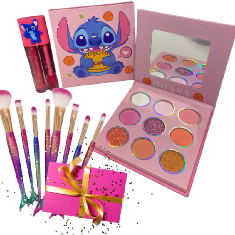 Kit Maquiagem Stitch Rosa Ohana + Pincéis + Gloss | Paleta 9 Cores | Presente Fofo e Completo