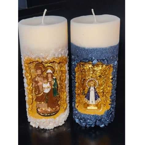 Kit 2 Velas Artesanais Religiosas — Sagrada Família e Nossa Senhora Aparecida | Feitas à Mão
