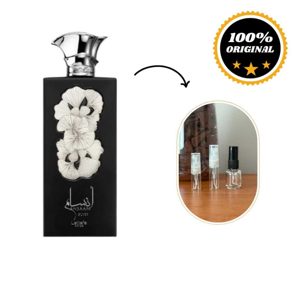 Perfume árabe ANSAAM SILVER, parfum compartilhável, original de qualidade e alta fixação.