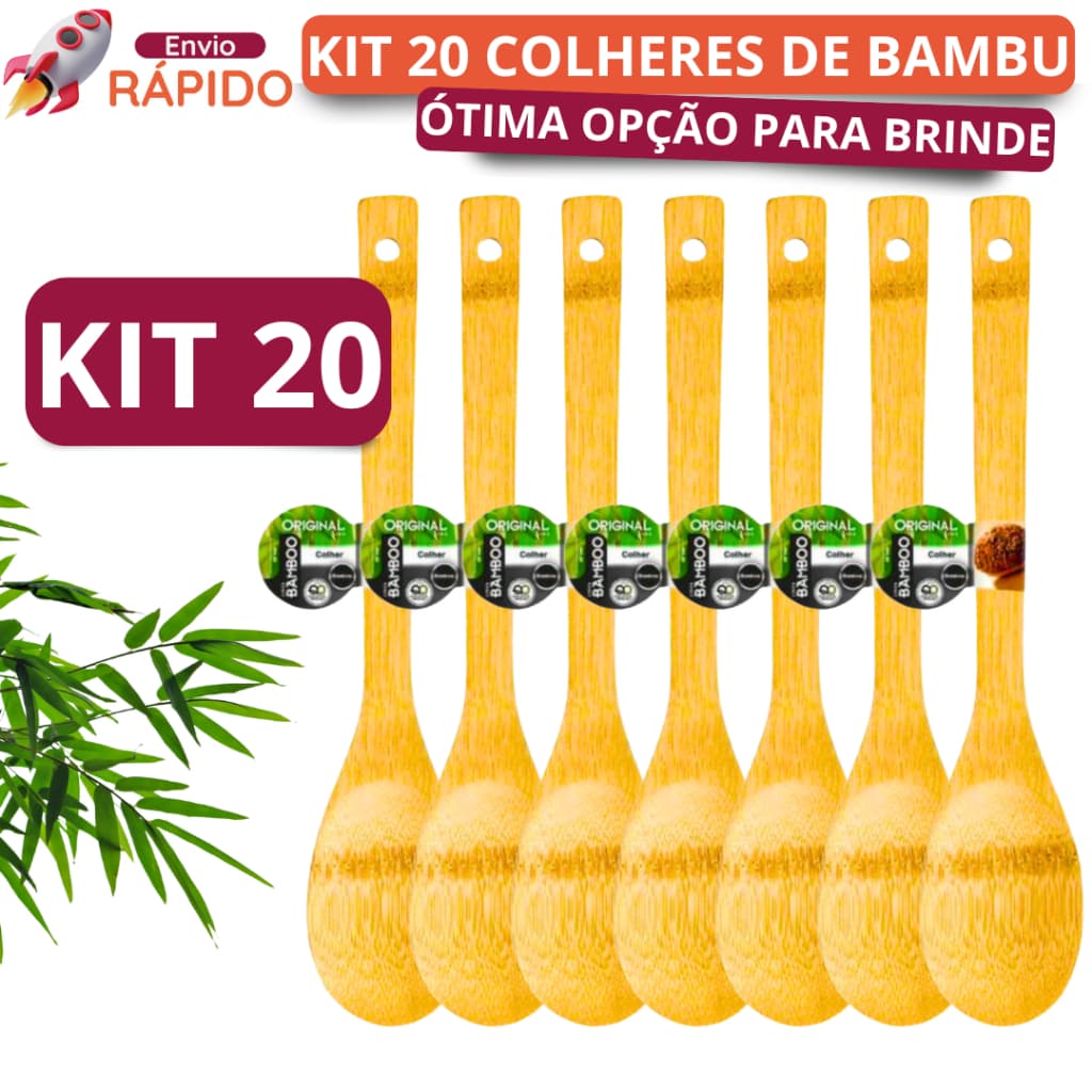 Kit 20 Colher de Bambu 30cm Não Risca Panela Colher de Pau Madeira Bamboo Grande dar de Presente