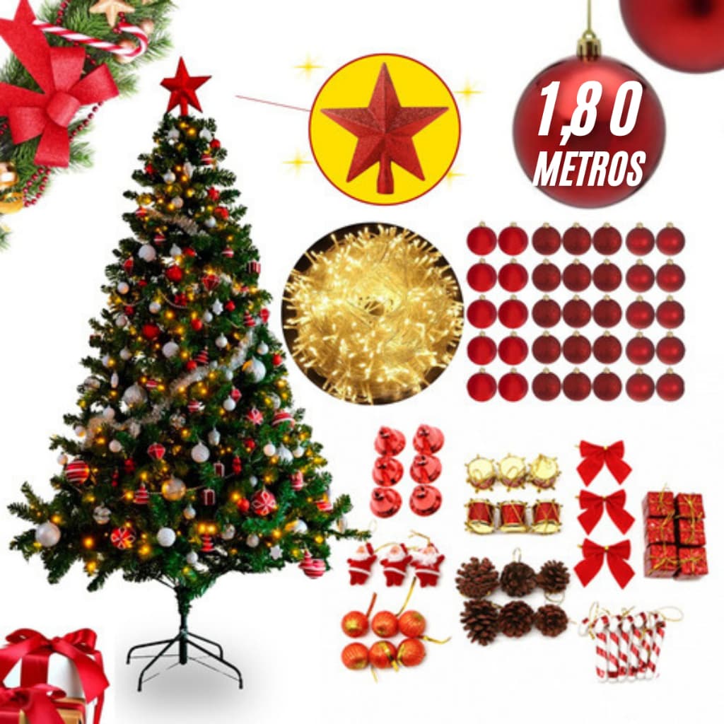 Árvore De Natal Decorada Pronta Enfeitada Com Enfeites Pinheiro Verde 1,80m Completa Cheia Premium Pisca Luzes Luxo