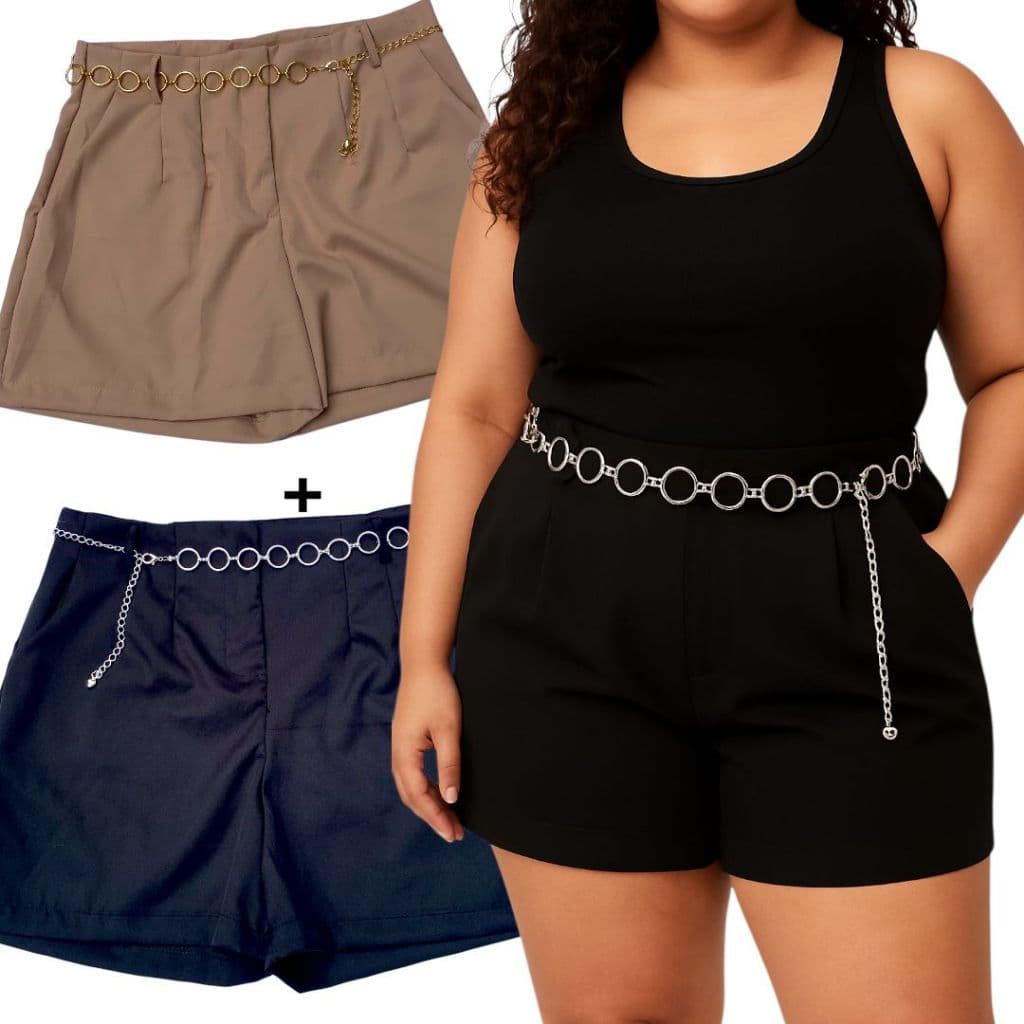 Kit 2 Shorts Plus Size Com Cinto De Brinde Cortesia Moda Feminina Cores Variadas Plus Short Bermuda Cinto Argola