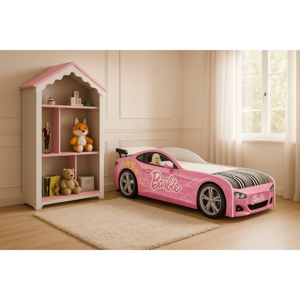 Conjunto Cama Cama Carro Barbie com Estante Magia em Mfd com Prateleiras