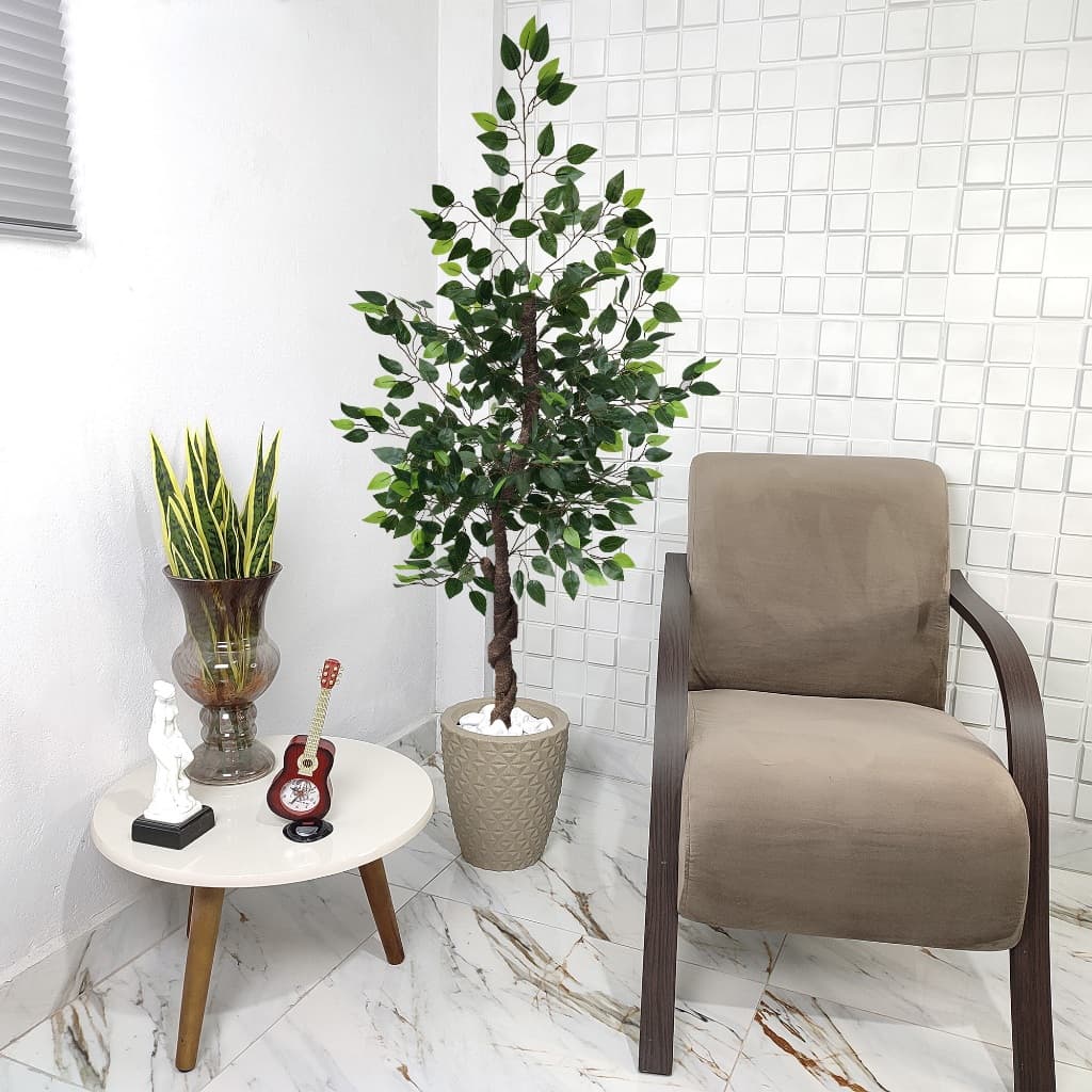 Ficus Artificial 150cm Folhas Verde de Silicone Vaso Pedra