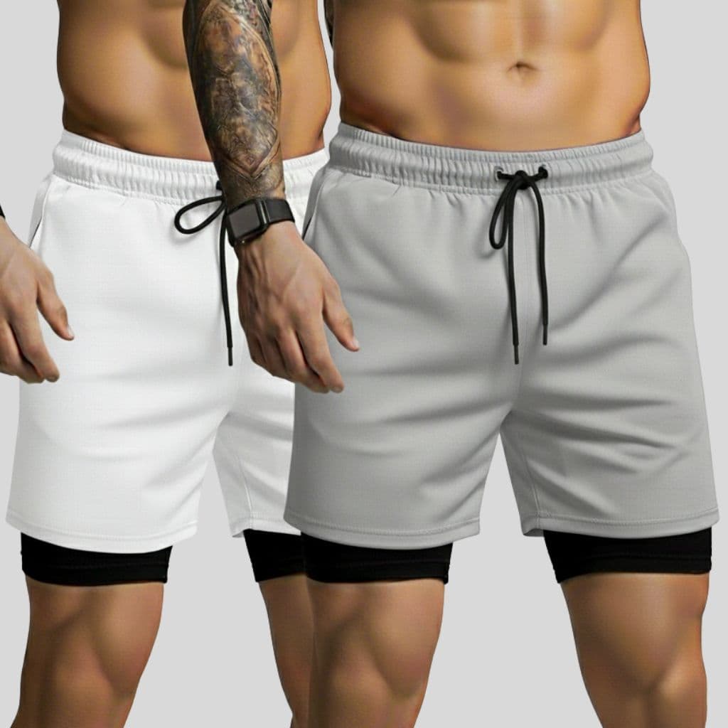 Kit 2 Shorts Fitness 2 em 1 Masculinos Bermudas Forradas com Bolso Interno  para Atividade Esportiva