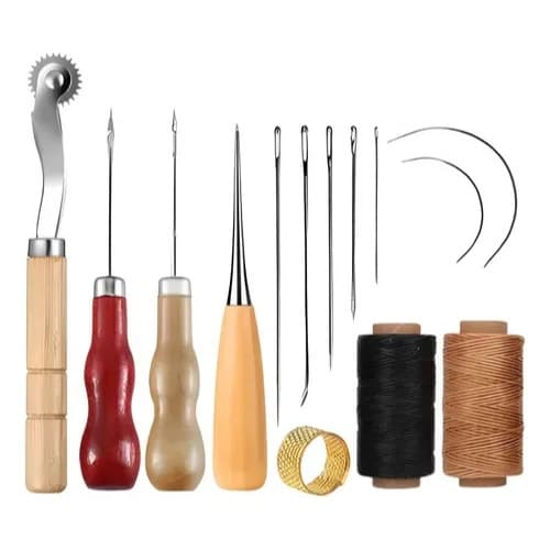 Kit Costura Artesanal – Couro, Marcador, Furador, Linhas e Agulhas