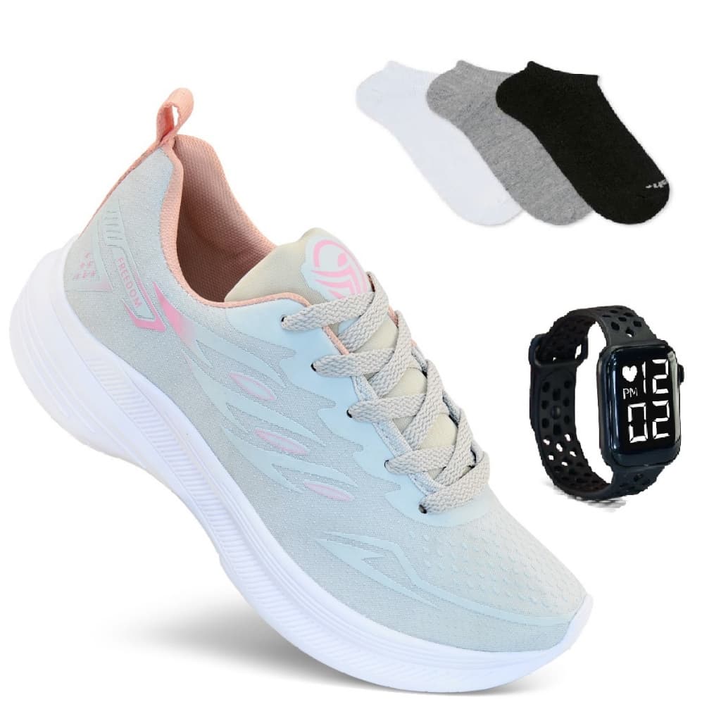 Kit Tenis Feminino + Relogio + Meia Esportivo Caminhada Treino Corrida Lançamento