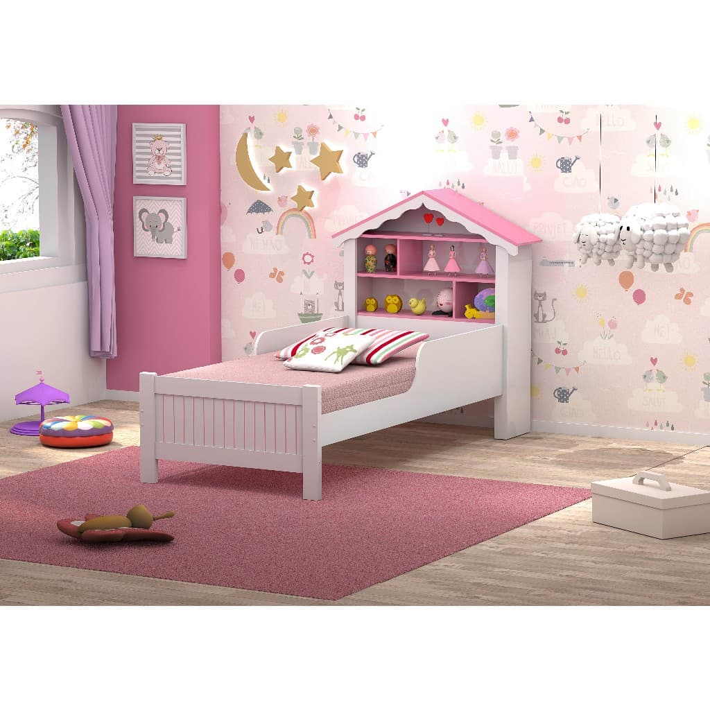 Cama Solteiro Infantil Meninas com Prateleira Casinha Rosa Nichos MDF Quarto Luxo Decorado Lúdico