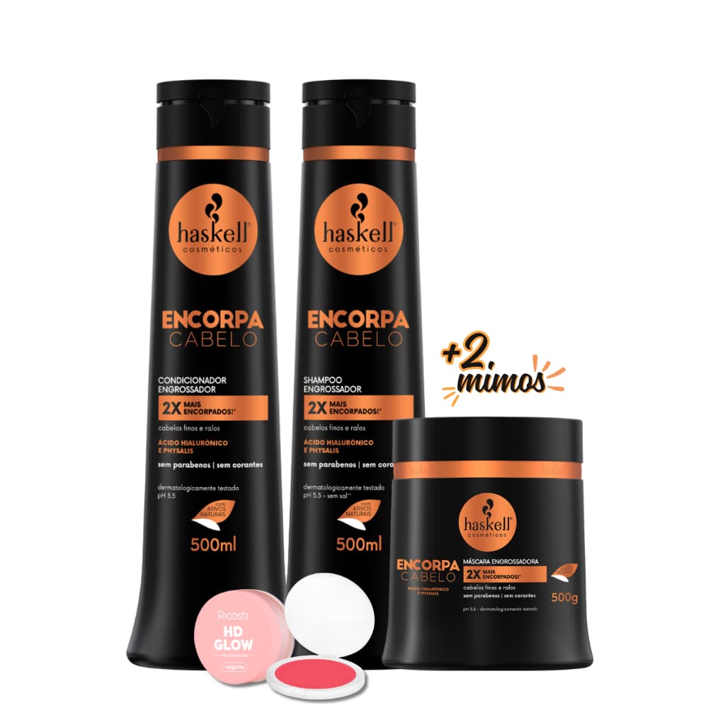 Kit Shampoo Condicionador e Máscara Engrossador Encorpa Cabelo Haskell 500ml