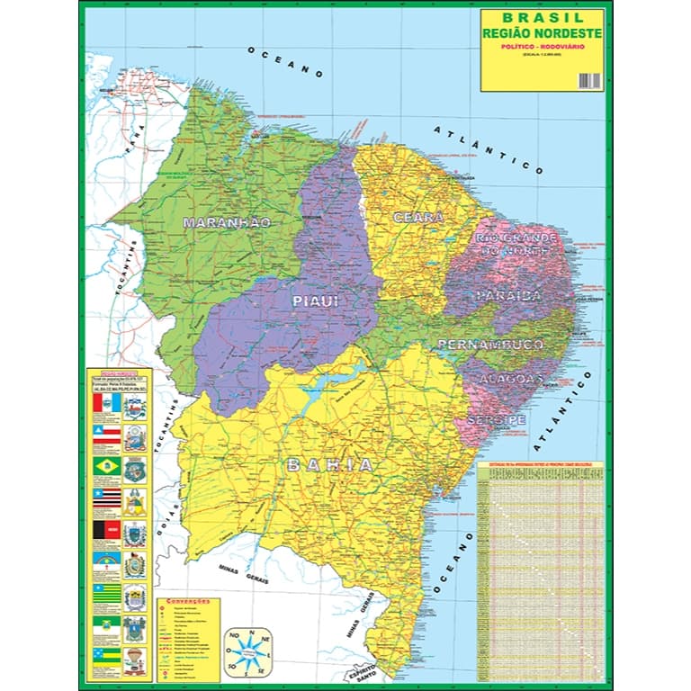Mapa Brasil Região Nordeste Politico Rodoviário 2026 120cm X 90cm