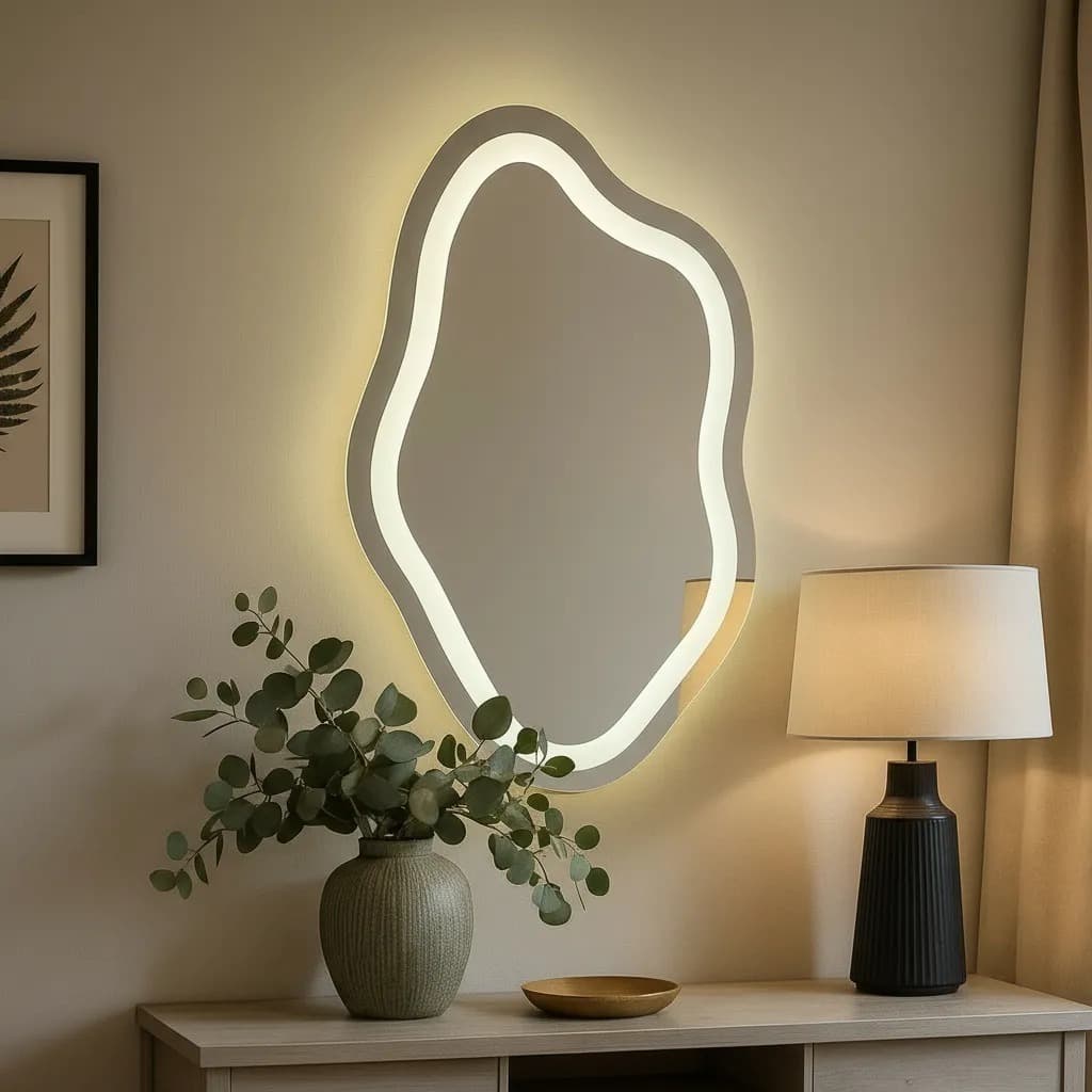 Espelho Organico 02  Moderno Jateado Iluminado Decorativo com Led 3 tons e Botao Touch