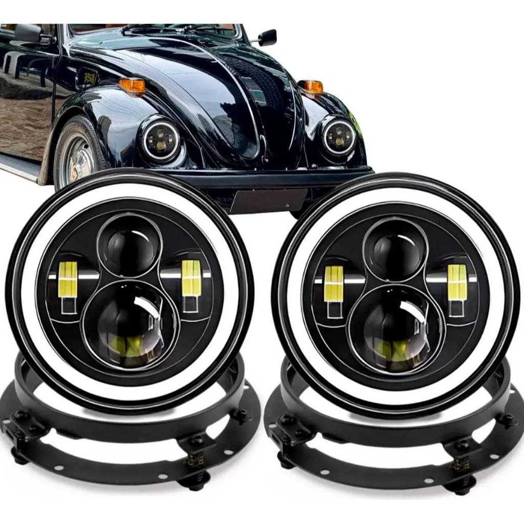 Farol LED 7 Polegadas Angel Eyes DRL com Seta + Suporte Universal Fusca Kombi