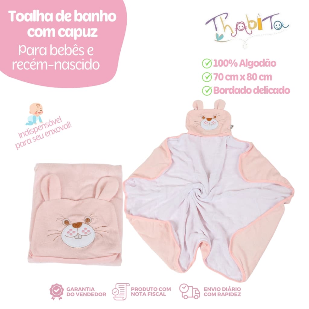 Toalha de Banho Rosa para Bebê com Capuz Malha Atoalhada Bordada Estampa Sortida Maciez