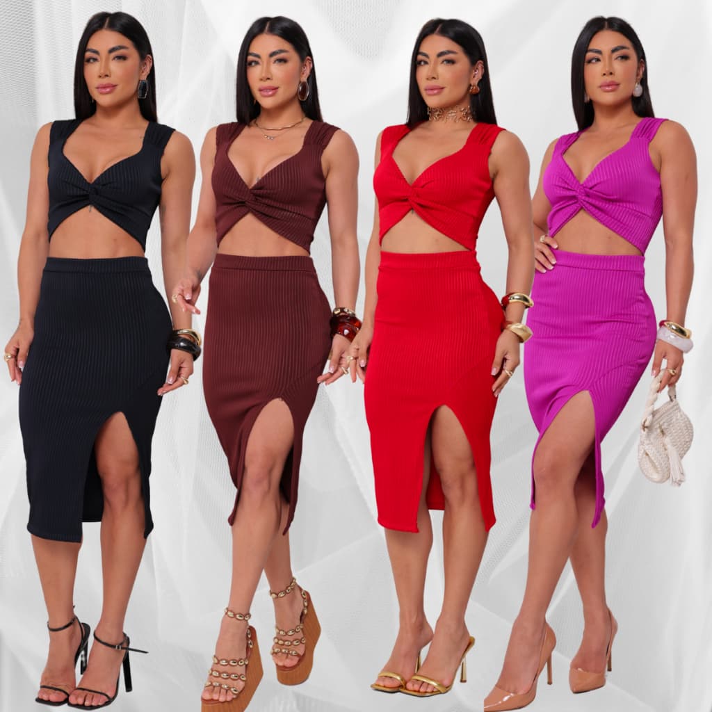 Conjunto Feminino com Saia Midi Fenda e Top Cropped Canelado 3D Tedência Verão 2025