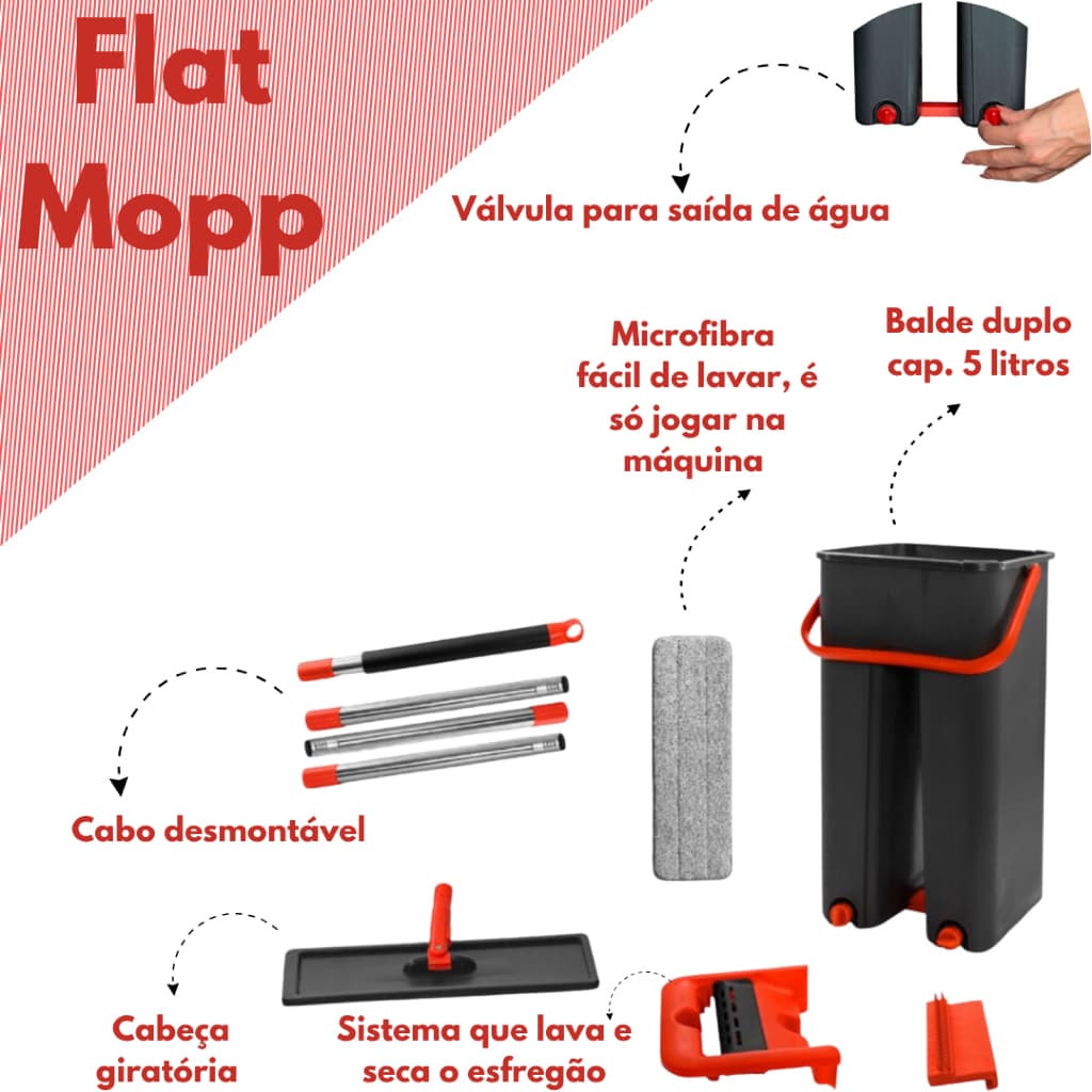 rodo mop Flat com balde microfibra lavável limpeza fácil e rápida