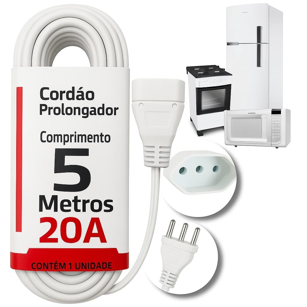 Cordão Extensão Elétrica Prolongador Tripolar 5 Metros 20a