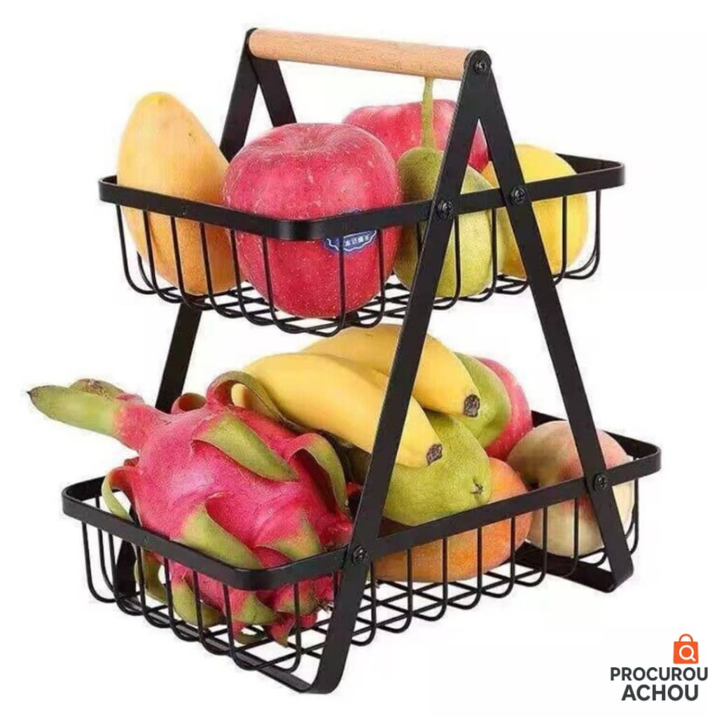 Fruteira de Mesa 2 Andares Ferro e Bambu Multiuso Organizador Cesto de Frutas Decorativa de Bancada