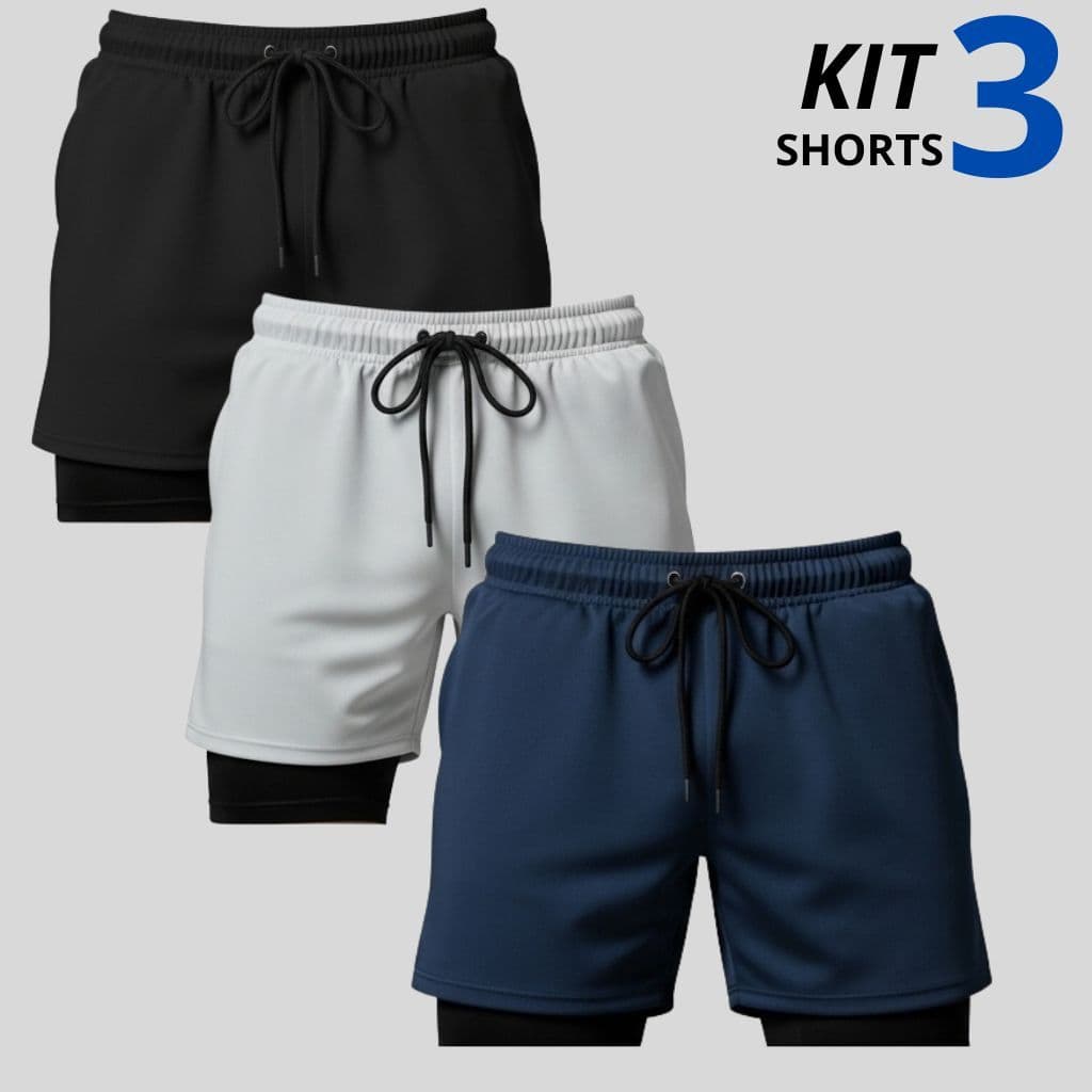 Kit 3 Shorts 2  Em 1 Masculino Dry Fit Com Bolso Interno  E Compressão Academia Corrida