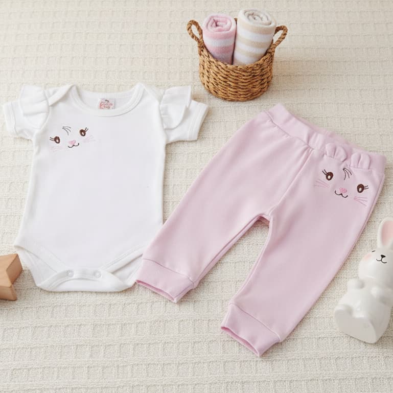 Conjunto Bebê Baby Bee Gatinha Bordado Body + Calça com Orelhinhas Roupinha Bebê Menina 0 a 12 meses