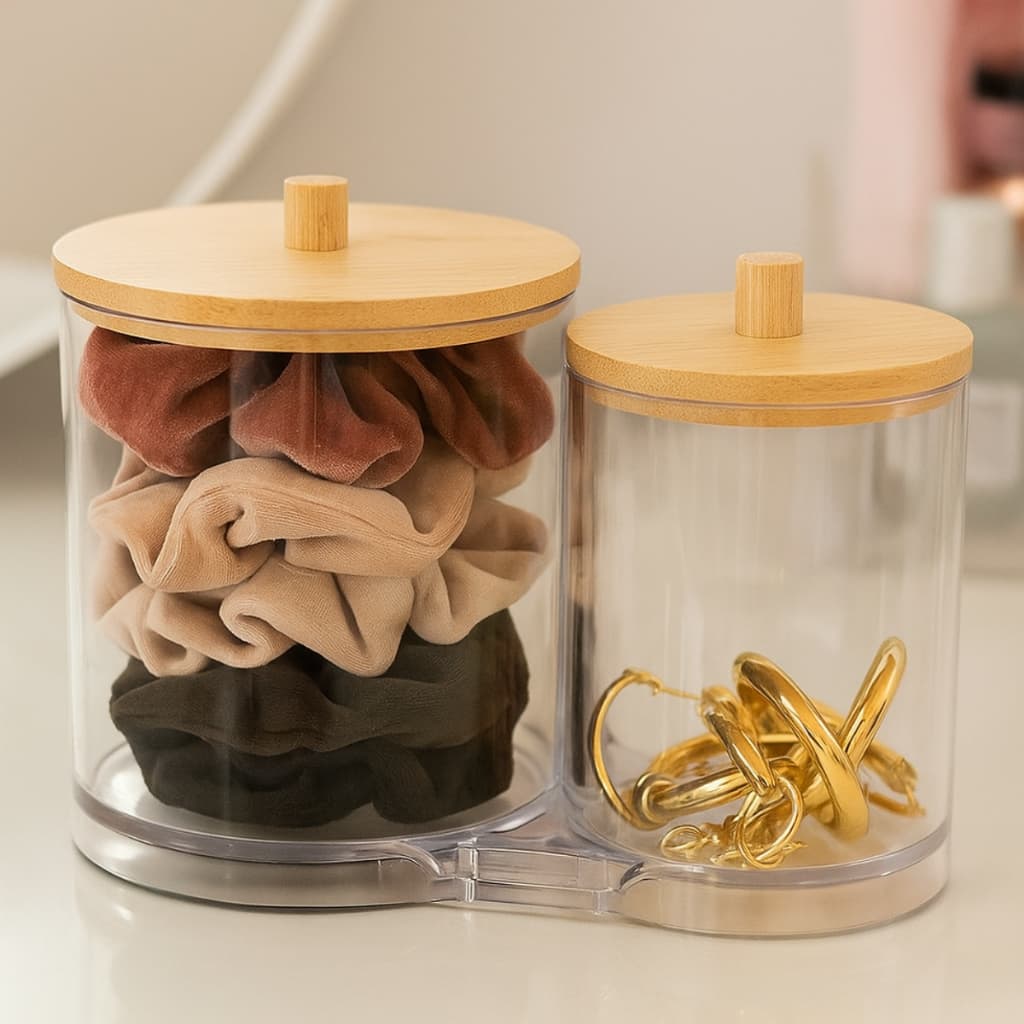 Conjunto Organizador Duplo Porta Cotonete E Porta Batom Tampa De Bambu E Acrilico Porta Algodão