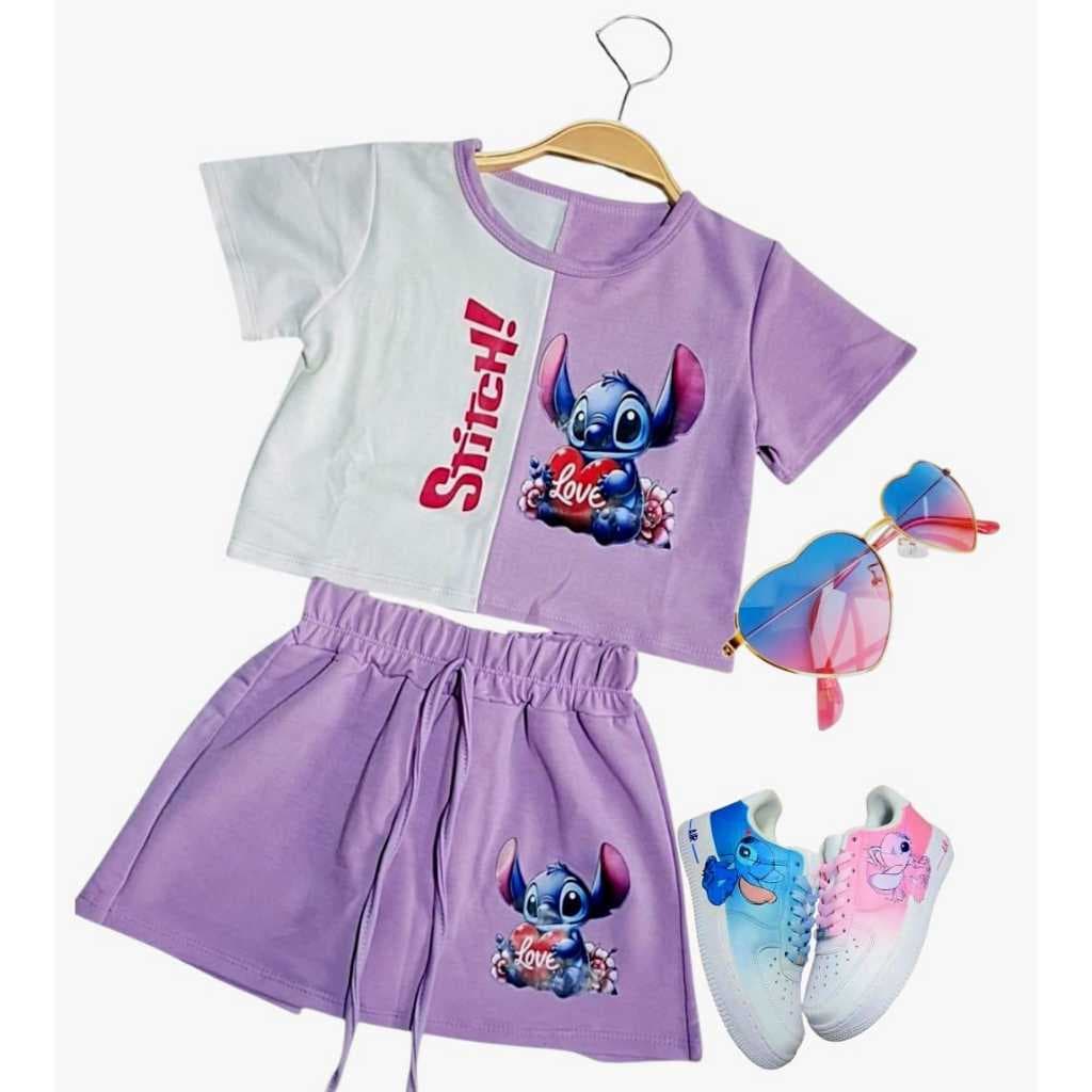 conjunto infantil  stich  blusa + short saia moda