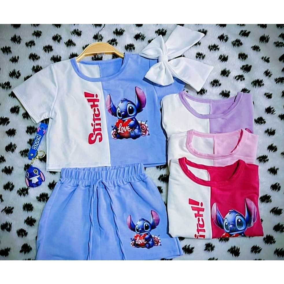 conjunto infantil stich blusaa + short saia moda menina