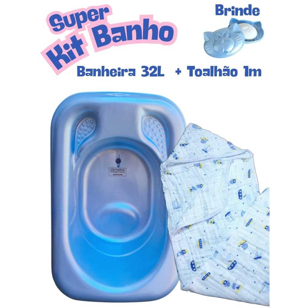 Kit Toalhão de banho + Banheira de Bebe 32L  GRANDE + Saboneteira Menina e Menino