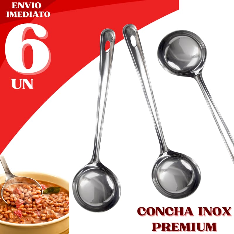 Kit 6 Conchas Inox Premium Utensílio de Cozinha Aço Inox Durável Feijão Sopa Restaurante