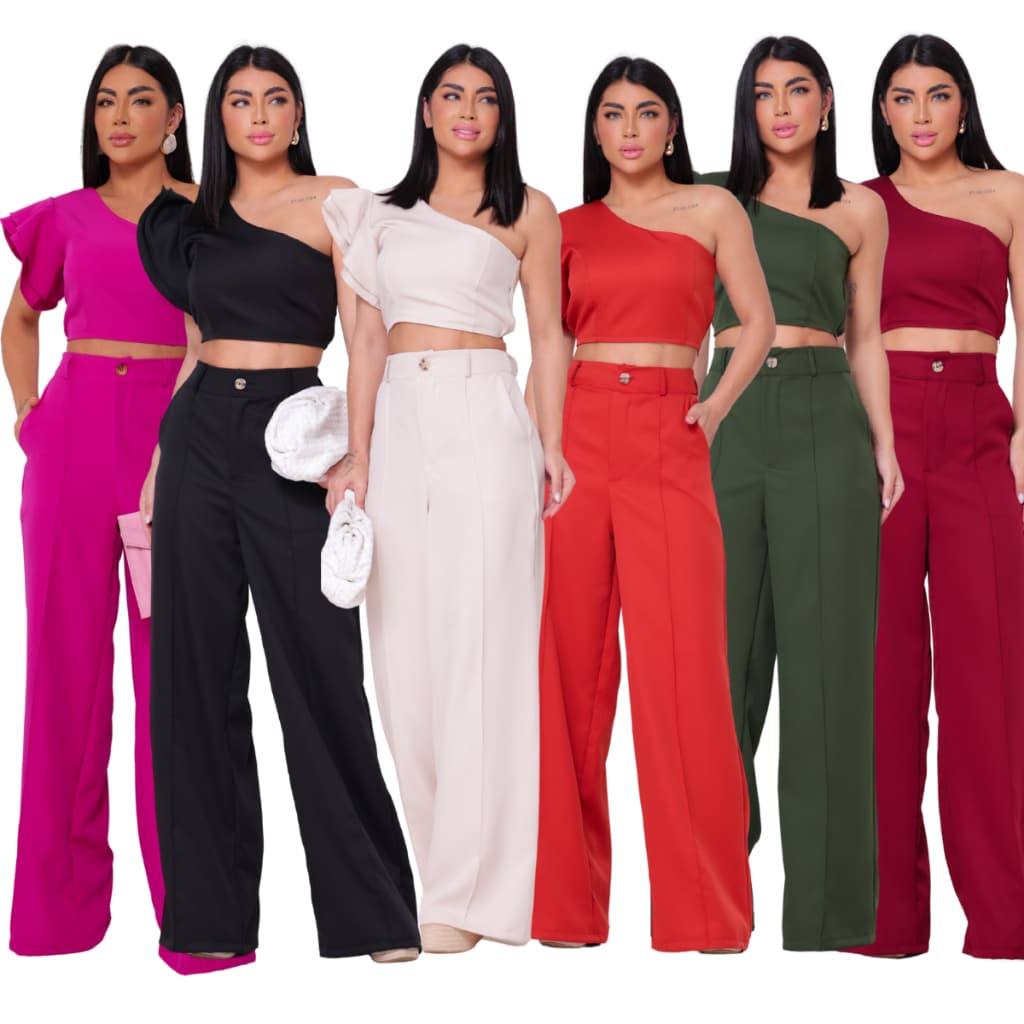 Conjunto Feminino Social Calça Pantalona e Cropped Mula Manca Elegante em Alfaiataria