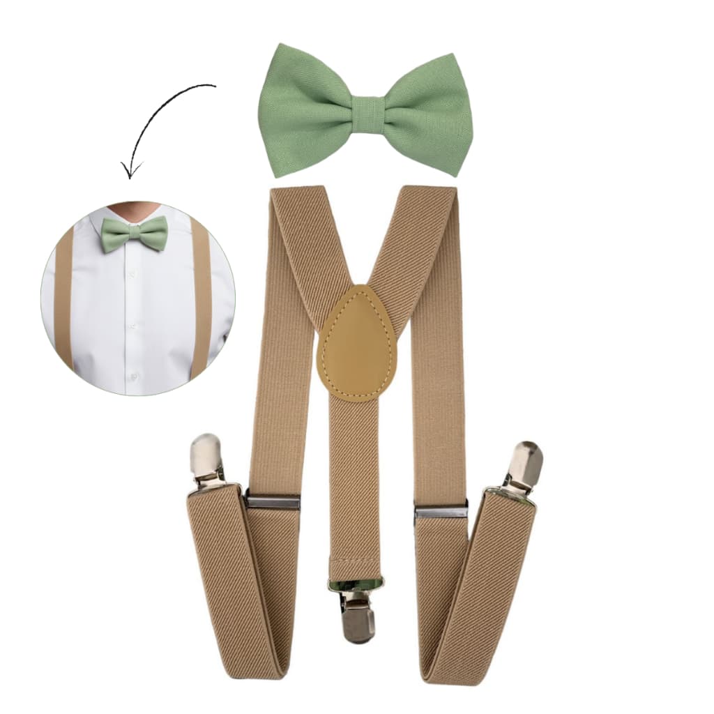Kit Suspensório Bege e Gravata Borboleta Verde Pistache Adulto Padrinhos de Casamento e Eventos