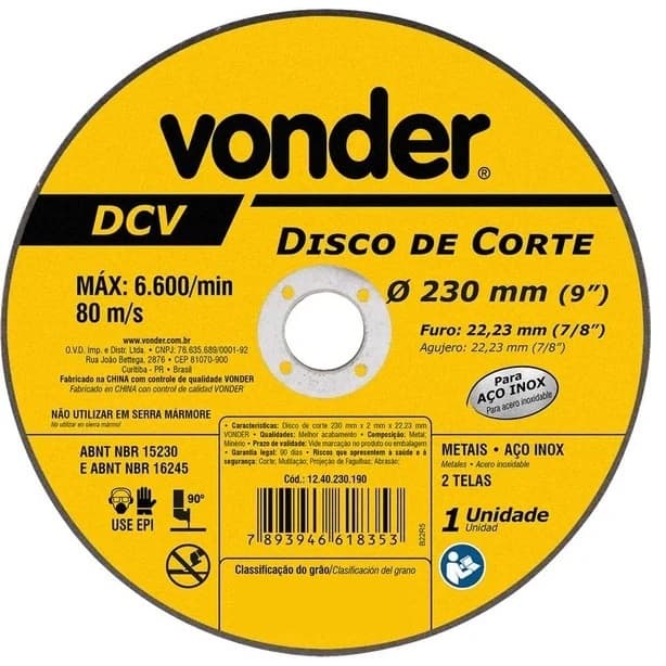 Disco De Corte Vonder Dcv  230,0X2,0X22,23 - 9 Pol - 10 Peças