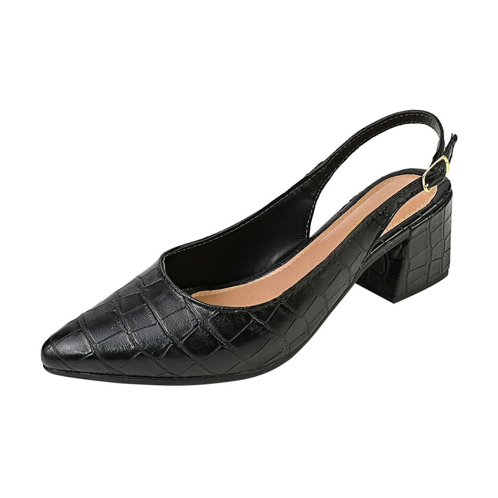 Sapato Scarpin Feminino Bico Fino CM Calçados Sandalia Social Trabalho Salto Bloco Quadrado Alto Confort Croco Slingback