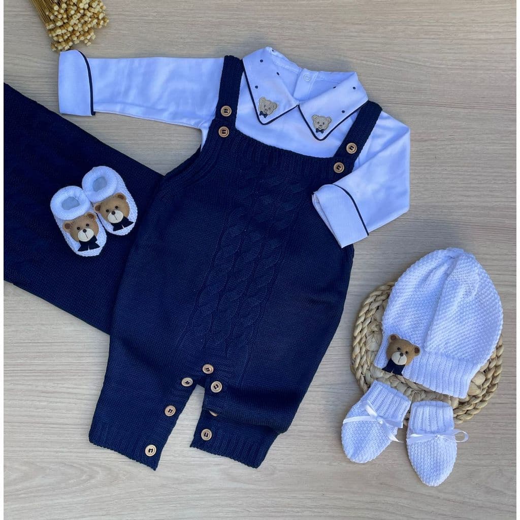 Saída de Maternidade Menino Ursinho Jardineira em Tricô e Body Urso Póa Dinhos Baby