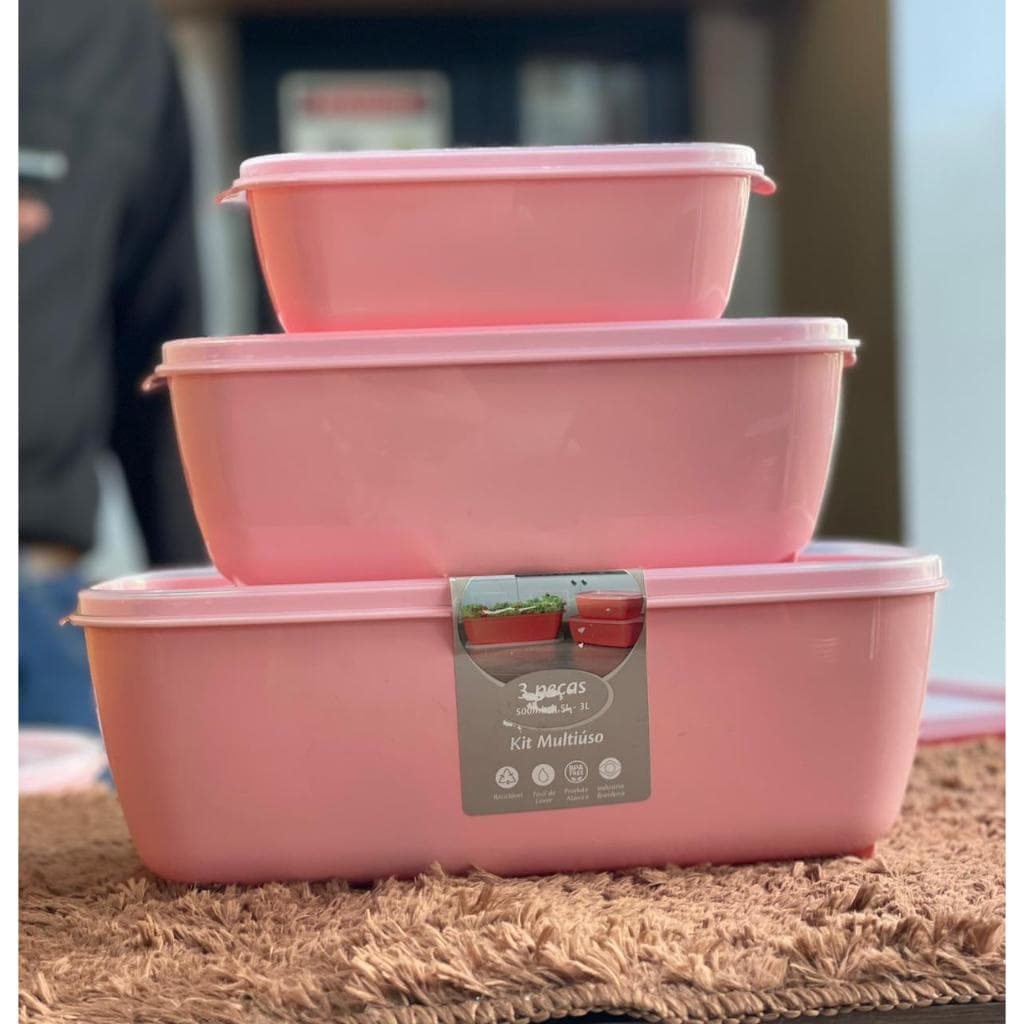 Jogo Potes Plásticos Retangulares com 3 unid 500ml 1,5L 2,5L Multiuso com Tampa Vedada e Empilhável