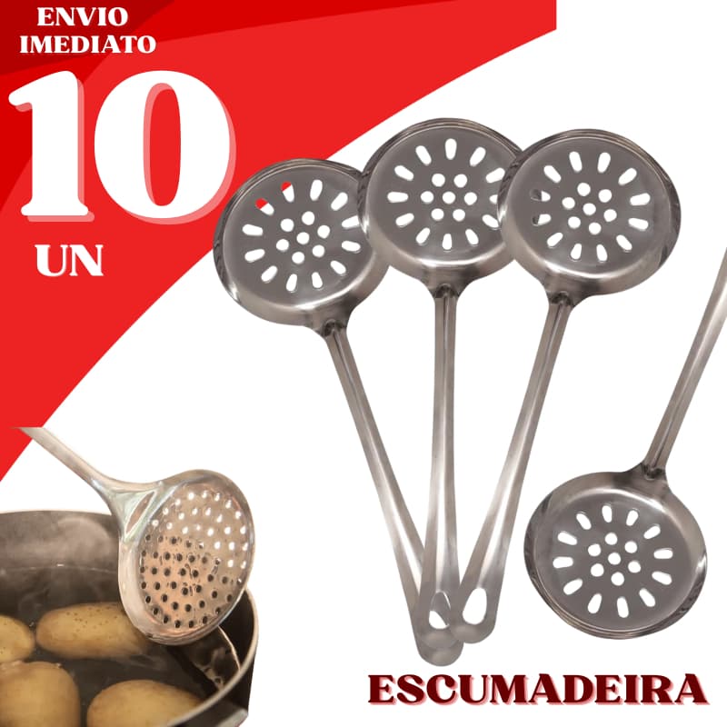 Jogo 10 Escumadeira em Aço Inox Arroz Fritura Profissional Multiuso Cozinha Restaurante Furo