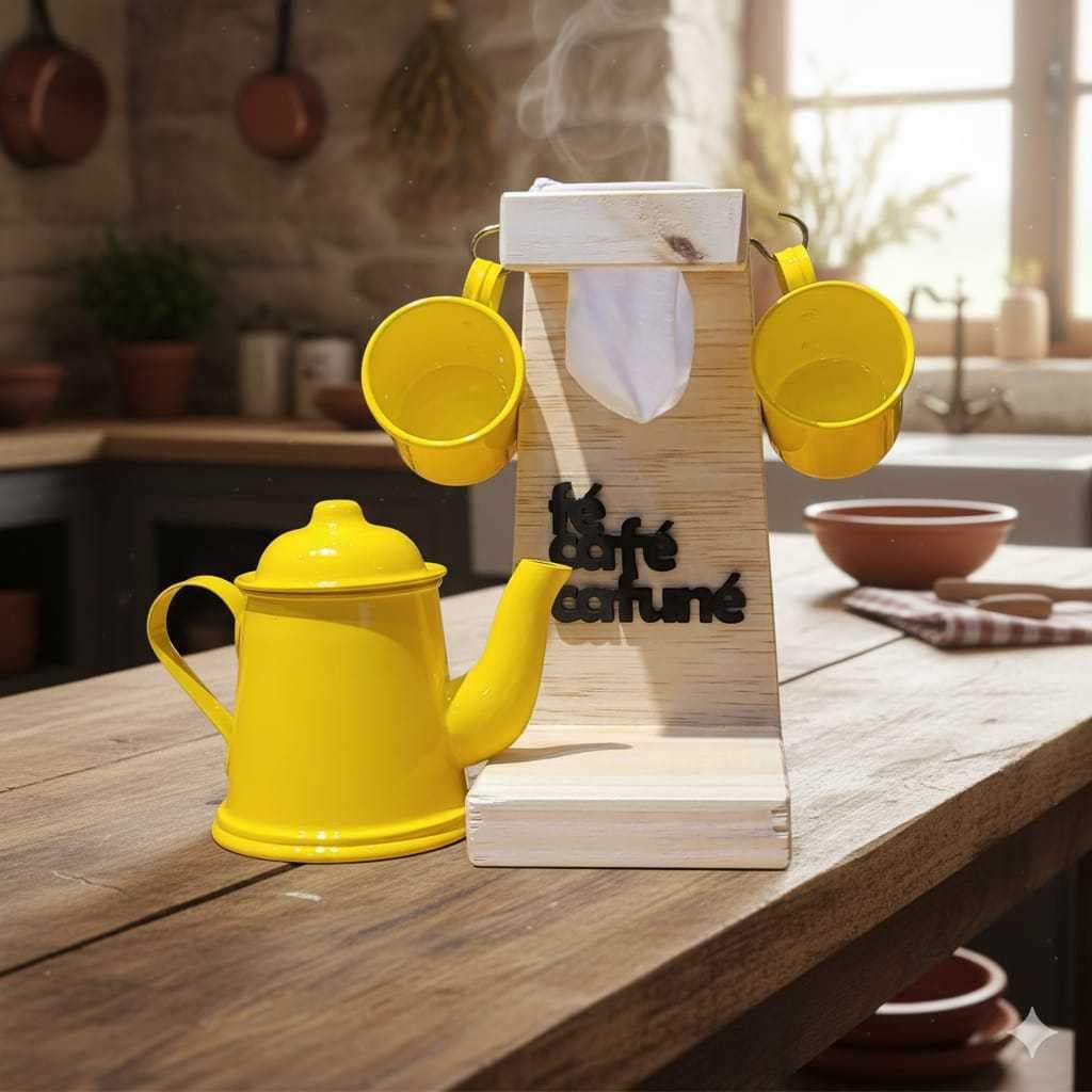 Suporte Coador Café Madeira Pinus Bule Amarelo + 2 Canecas