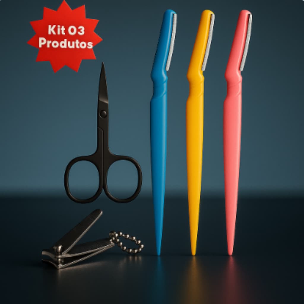 Kit 03 Itens Navalhete de Sombrancelha + Tesoura de Ponta + Cortador de Unha Cuidados de Beleza