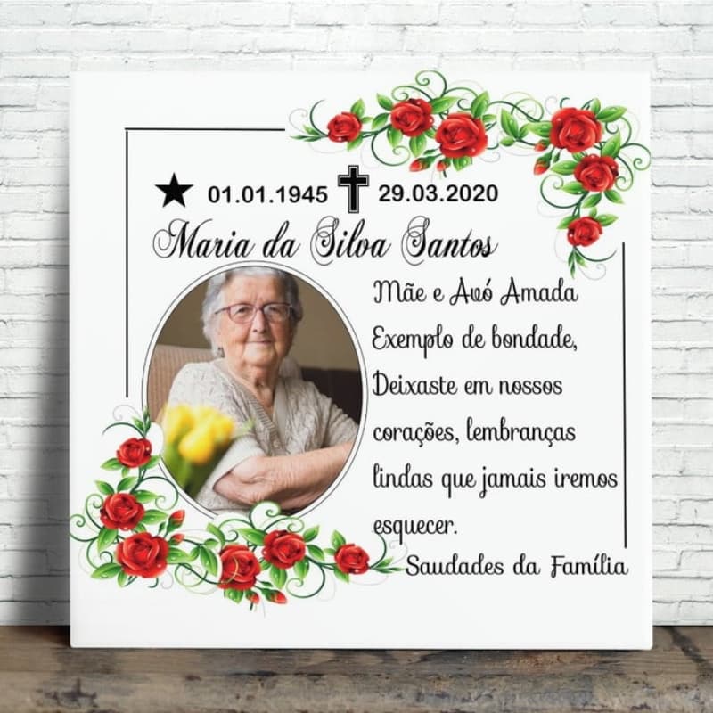 Placa Memorial Lápide para Túmulo Personalizado 20x20cm com Foto e Frase - AzulePlaca de Homenagem Fúnebrejo para Capela
