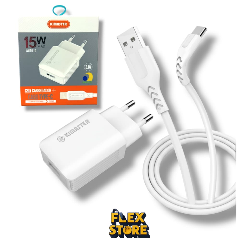 Kit Carregador Fonte Kimaster 15W T503UC + Cabo Tipo-C Original Bivolt Turbo Auto ID
