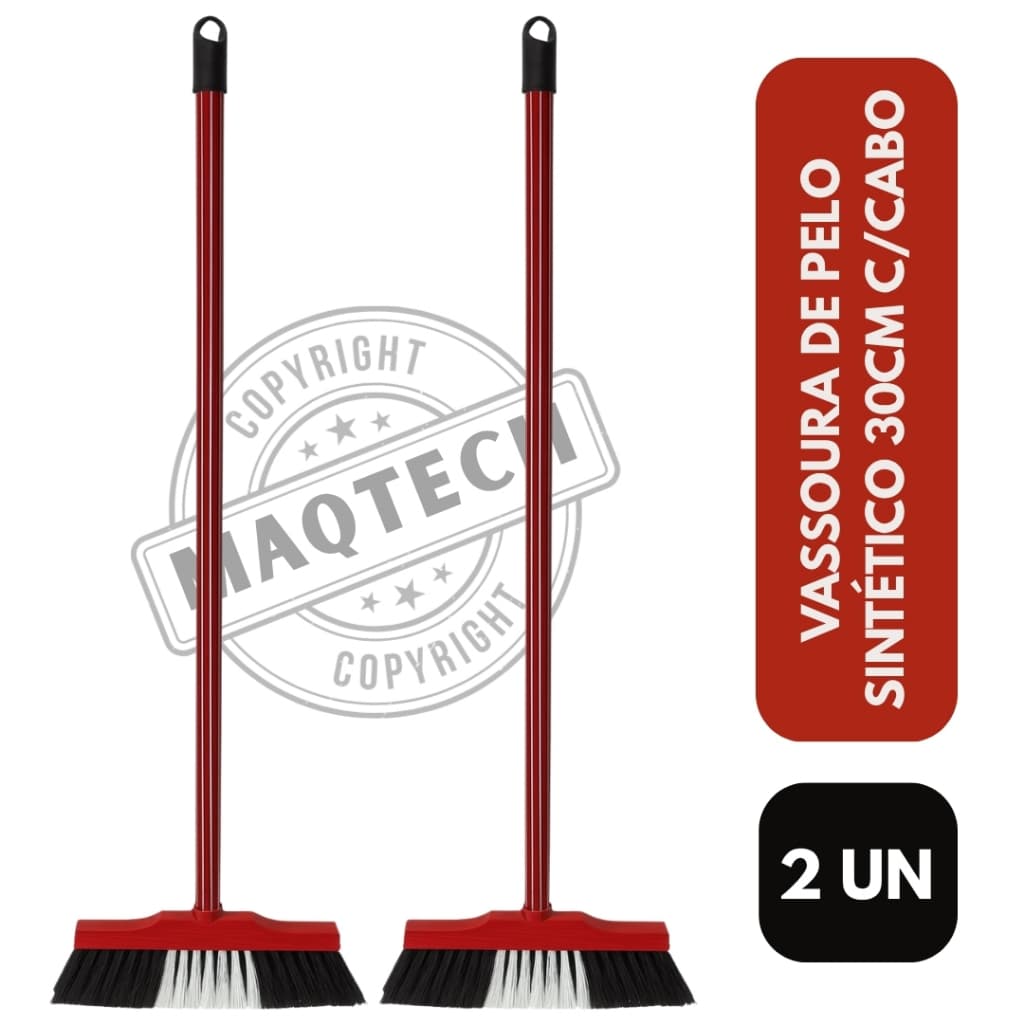 Kit 2 Vassouras de Pelo Sintético 30cm com Cabo Base Madeira Piso Liso Limpeza Doméstica Eficiente